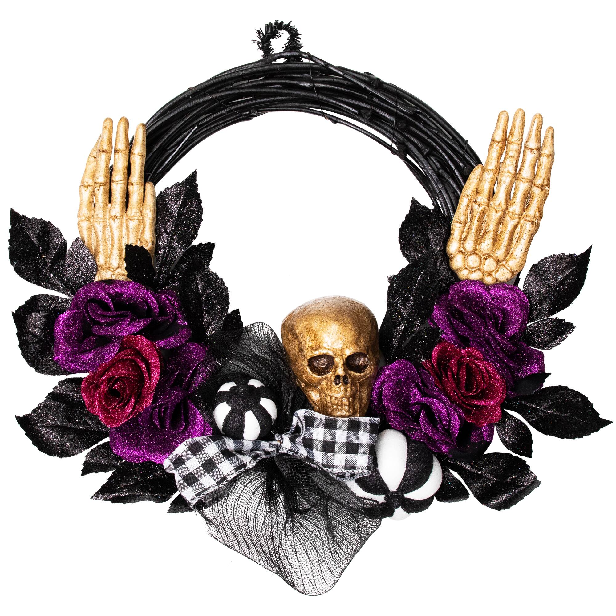 22" Skull with Hands & Purple Roses Halloween Twig Wreath